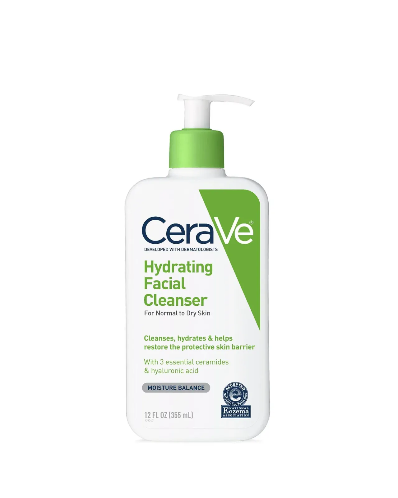 Reference image of a CeraVe Hydrating Facial Cleanser 12 oz pump bottle with its blue-and-green packaging clearly visible.