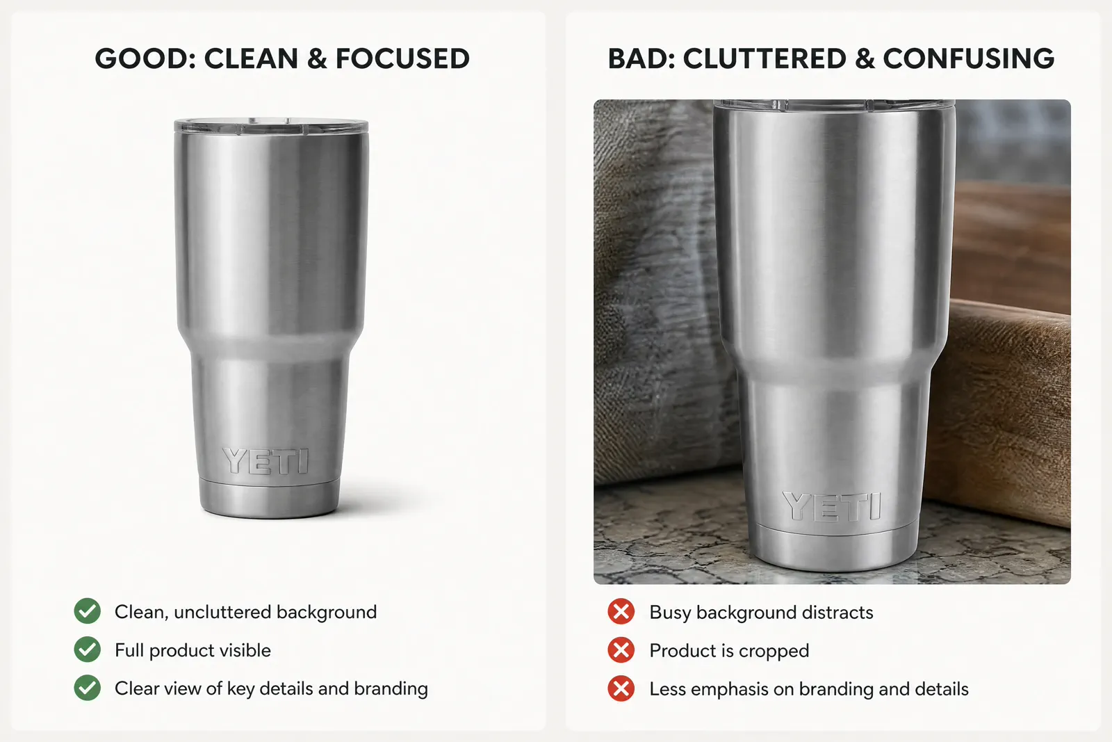 A YETI Rambler compared in a clean, fully visible product composition and a cluttered, cropped composition.