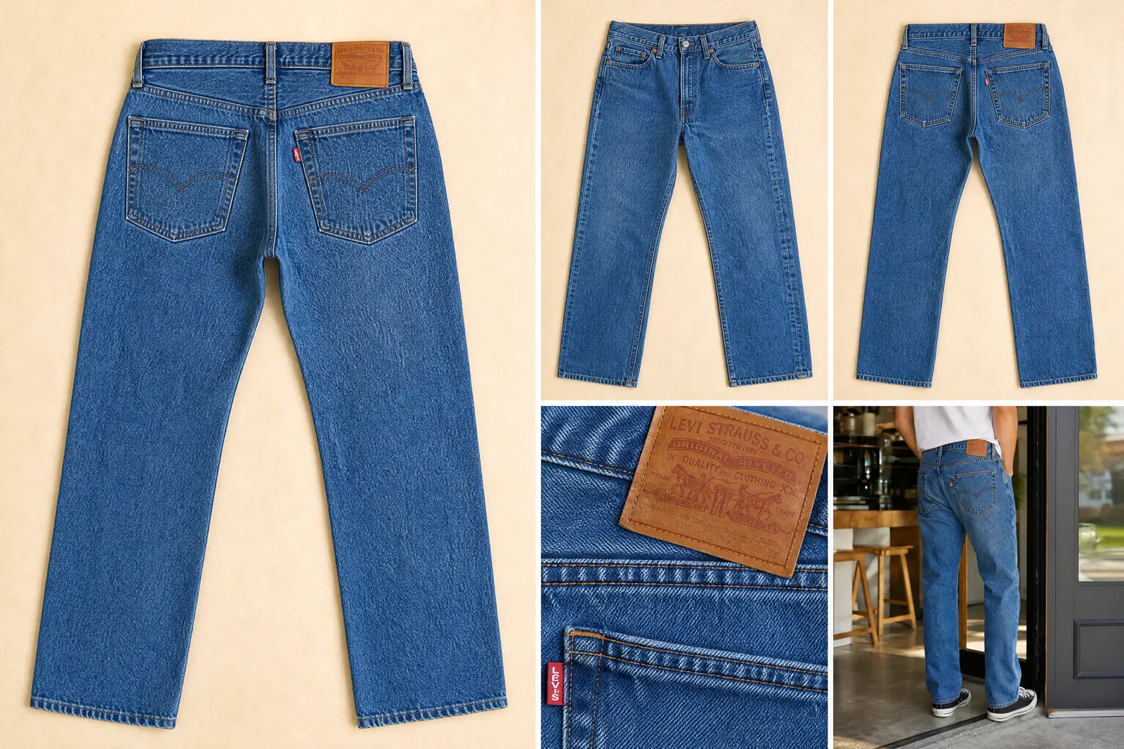 A vintage pair of Levi's jeans shown as a clear first image, detail, scale, fit and condition sequence.