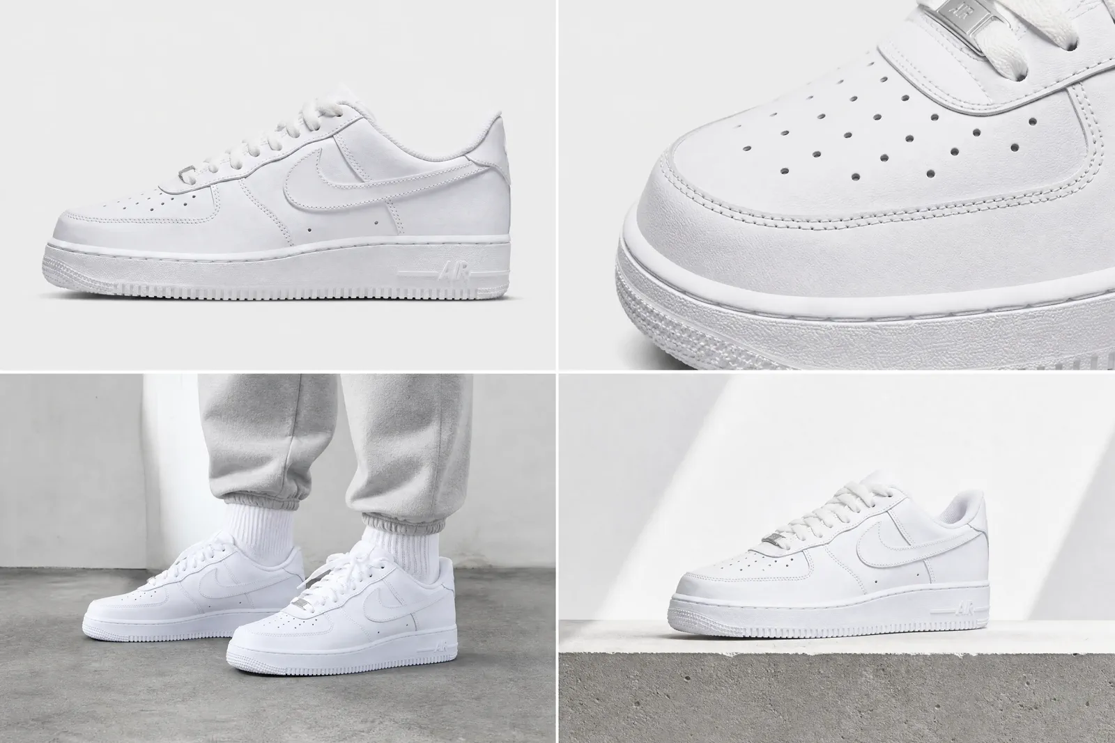 A Nike Air Force 1 shown through identity, detail, scale and campaign image roles.
