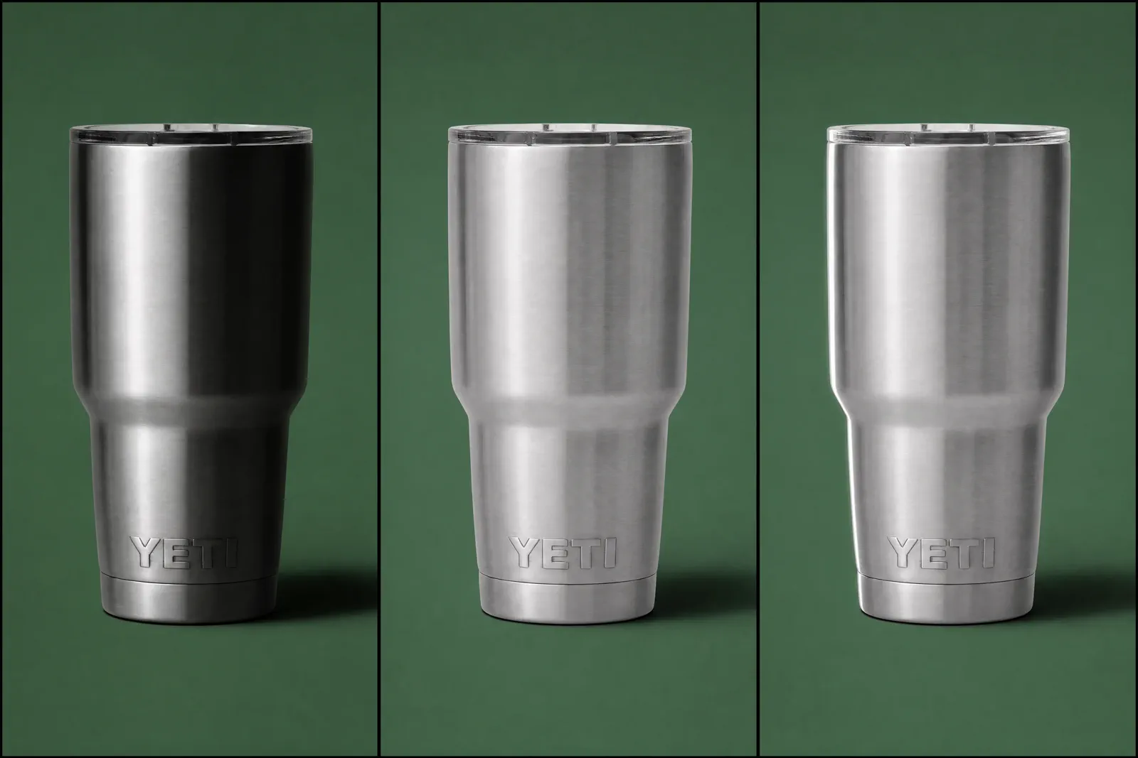 A fixed-condition YETI Rambler lighting diagnosis comparing key light, fill, and black-flag changes