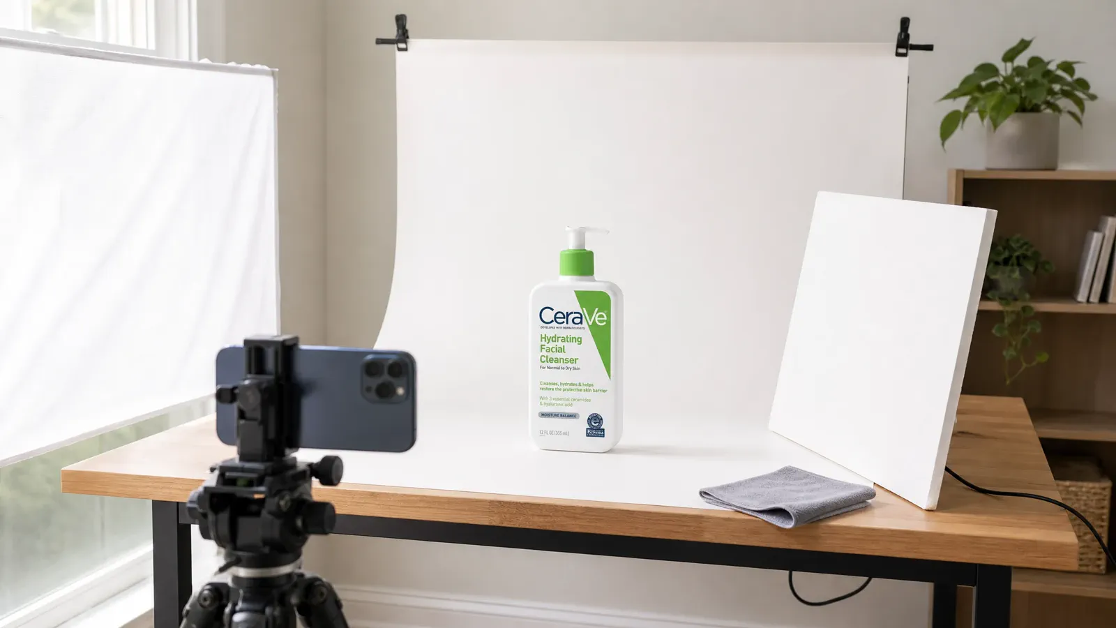 A compact CeraVe product photography setup shown with the image it produces.