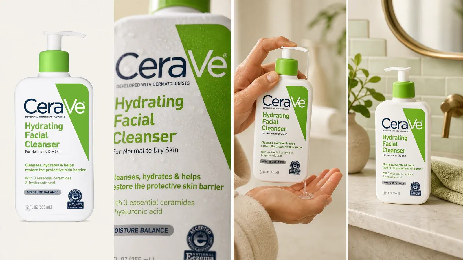 A CeraVe cleanser presented in clean, detail, scale, and contextual image roles.