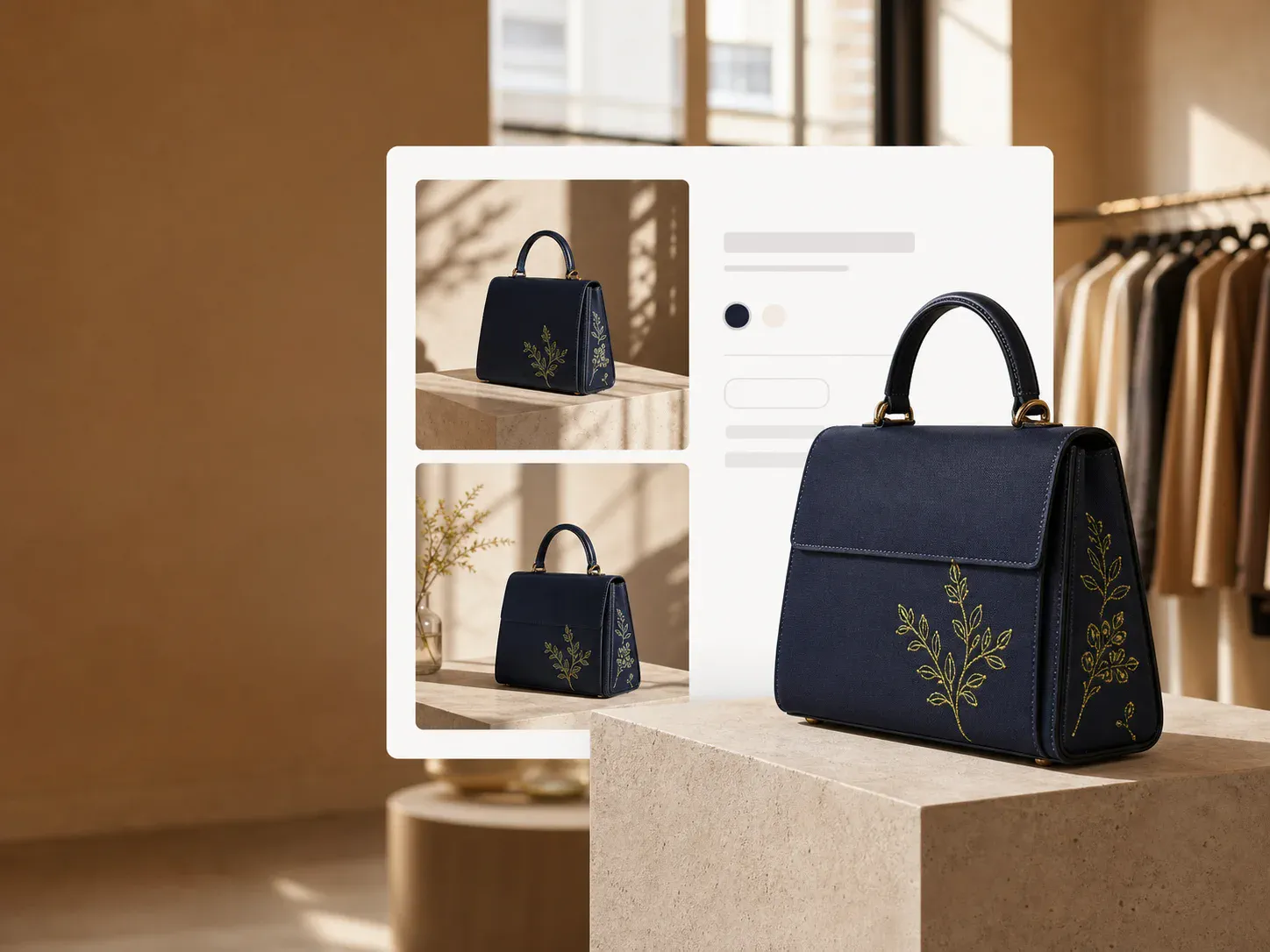 A navy handbag shown consistently across a warm boutique scene and ecommerce page