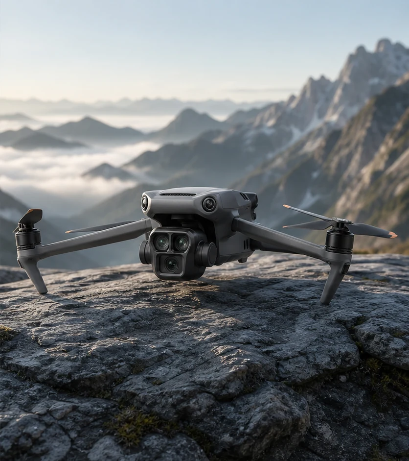 DJI Mavic 3 Pro drone in a mountain campaign scene.