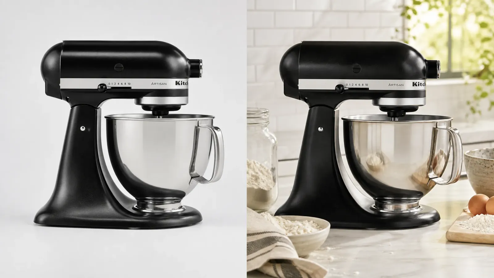 KitchenAid Artisan stand mixer shown in one source-to-lifestyle comparison.