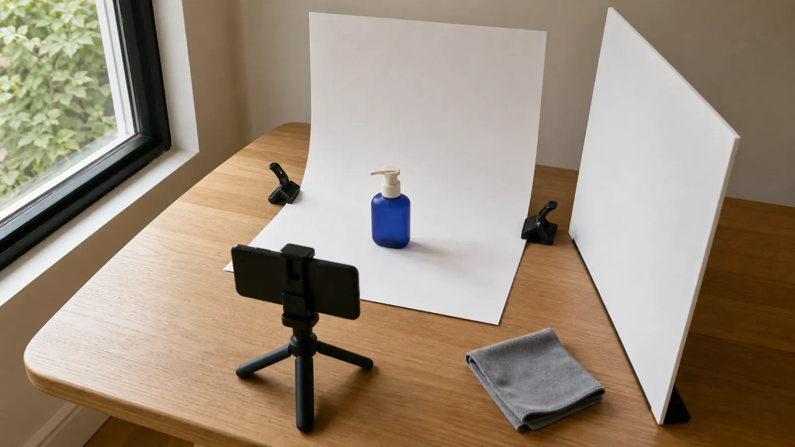 Simple tabletop product photography setup beside a window with a backdrop, white card, and stable camera support.