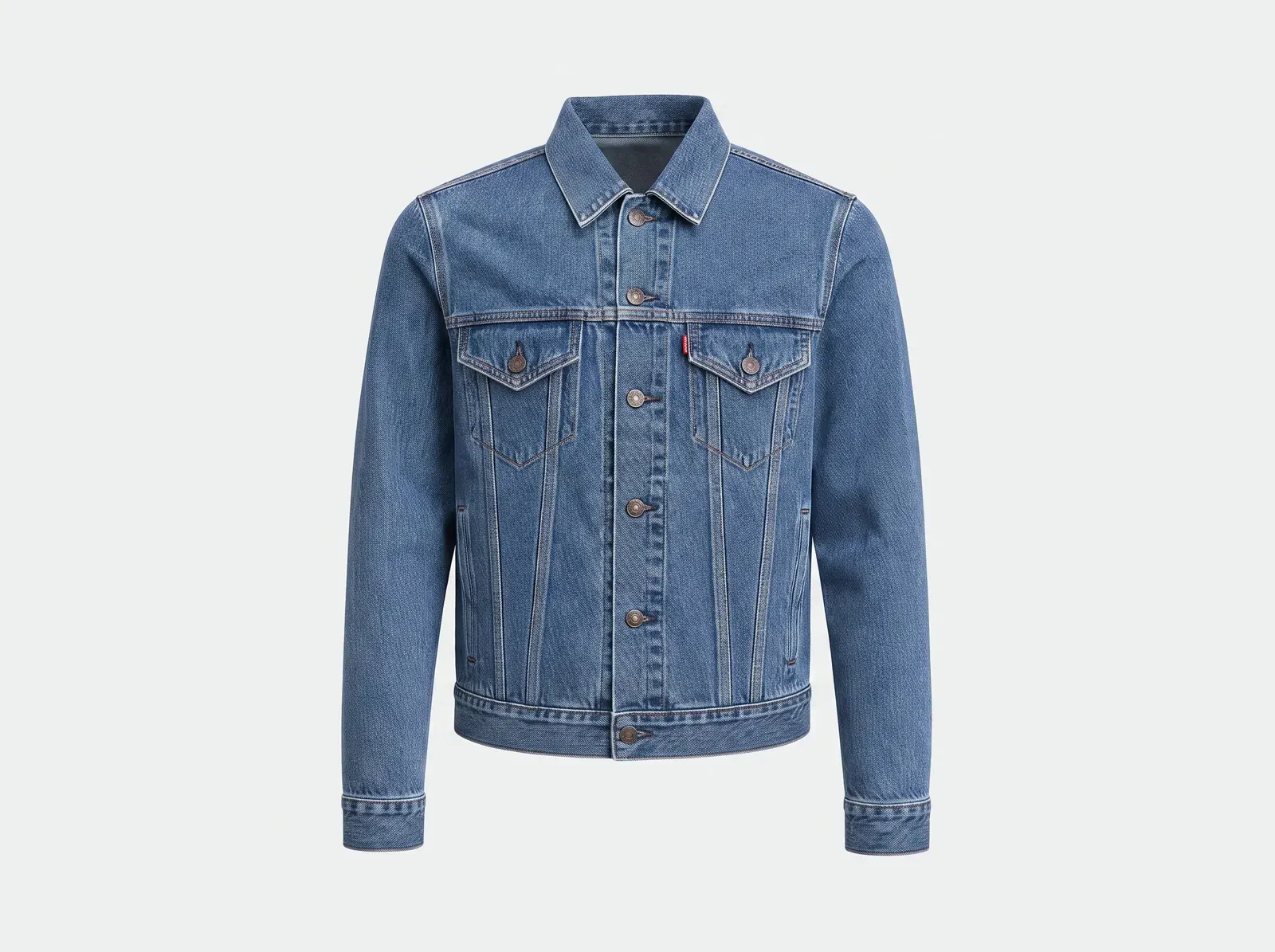 A denim jacket shown with invisible worn-form volume and readable collar, pockets, sleeves, and hem.