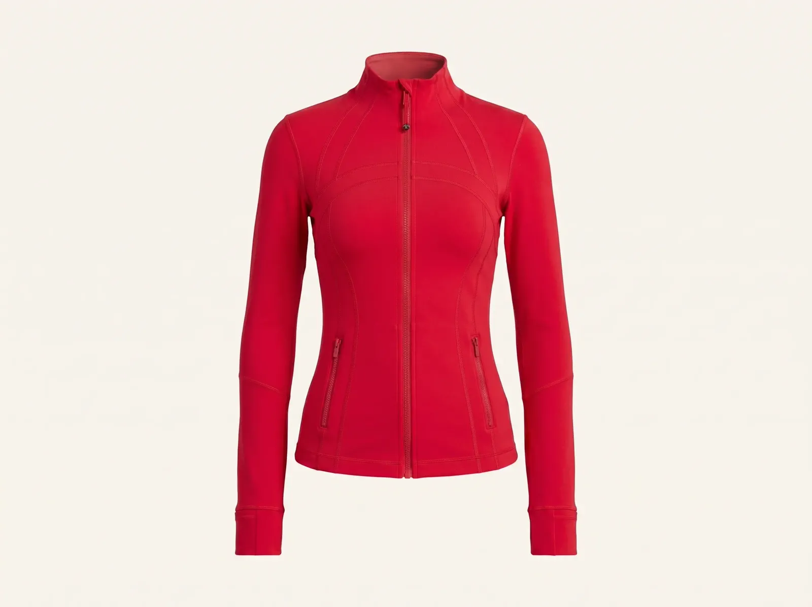 A fitted red women’s jacket shown without a visible person while its collar, waist shaping, sleeves, and hem remain coherent.