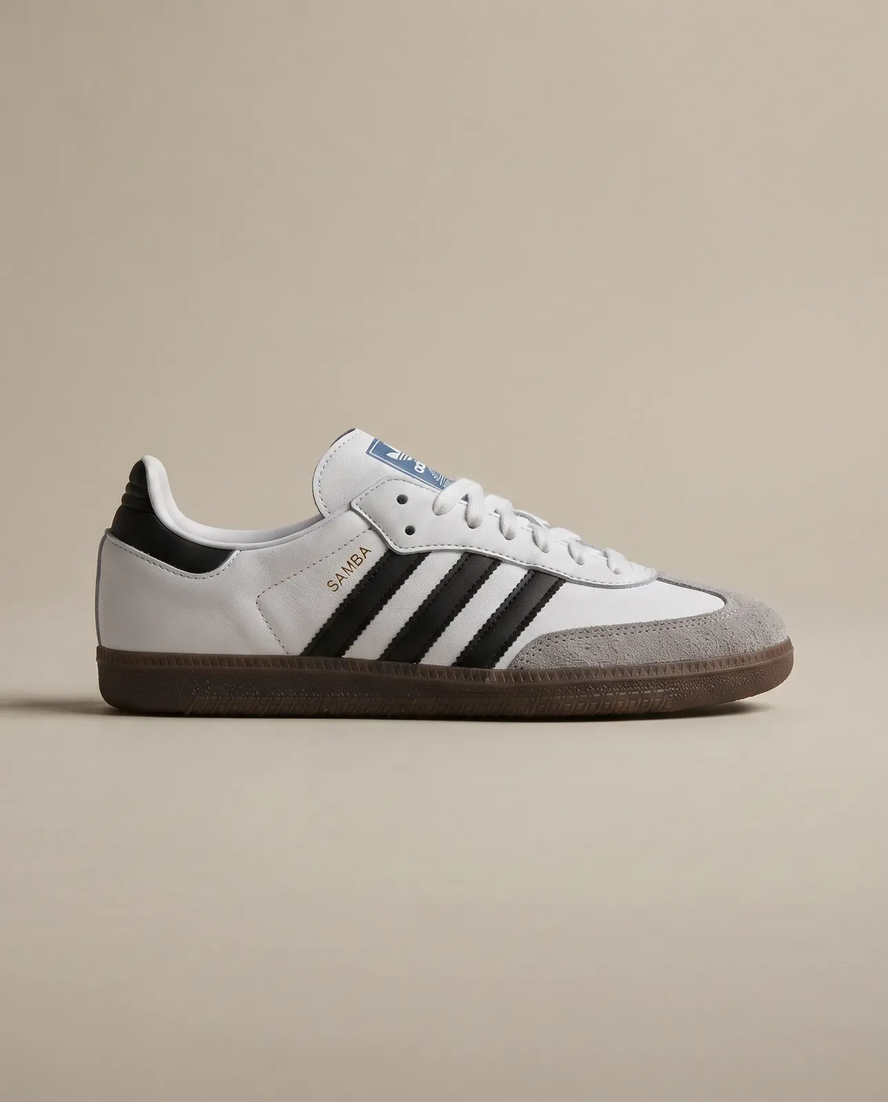 A low-profile white shoe photographed to separate smooth leather, suede toe texture, and a gum sole.