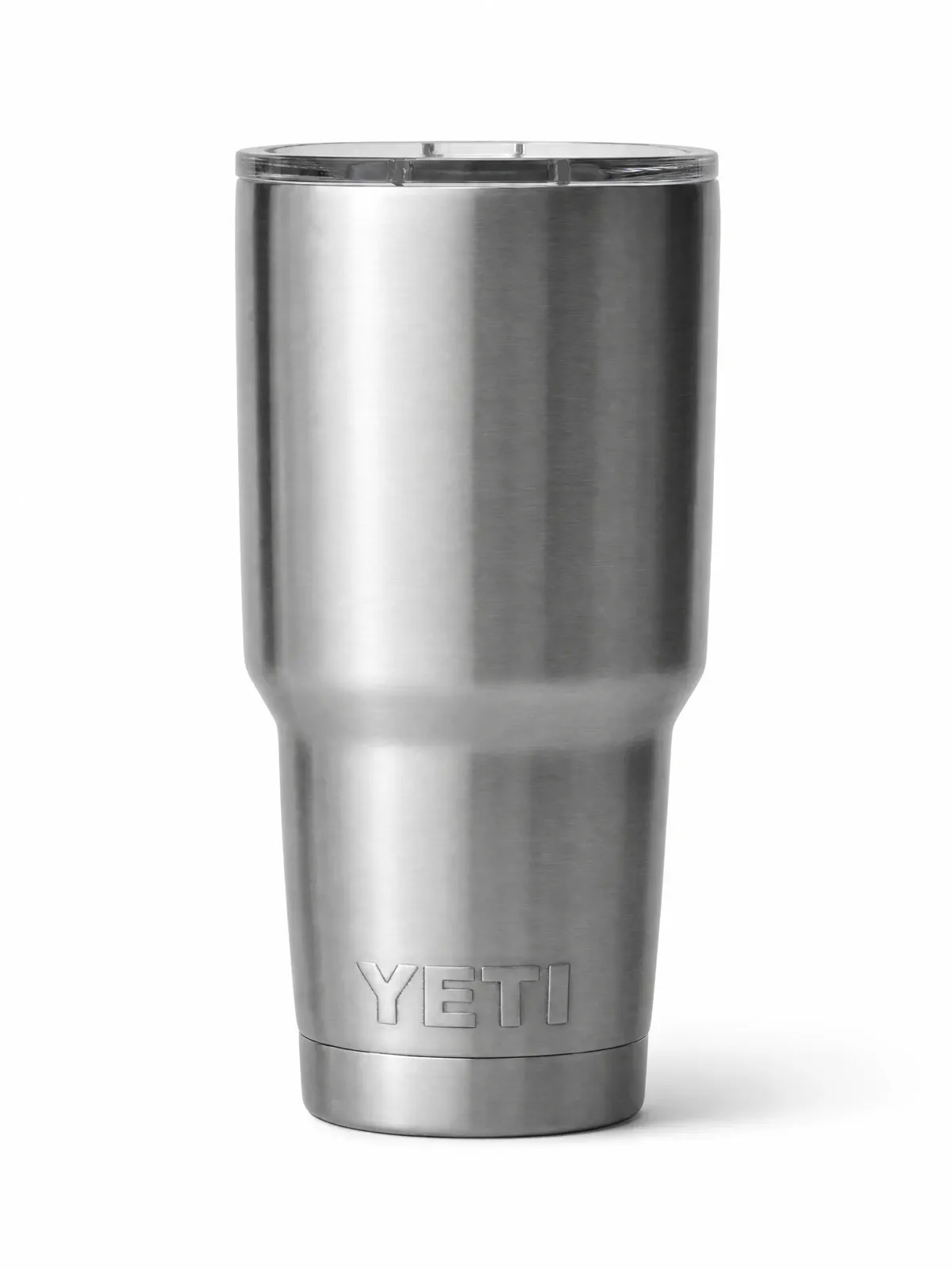 A reflective stainless tumbler with readable edges and material depth on a true white field.