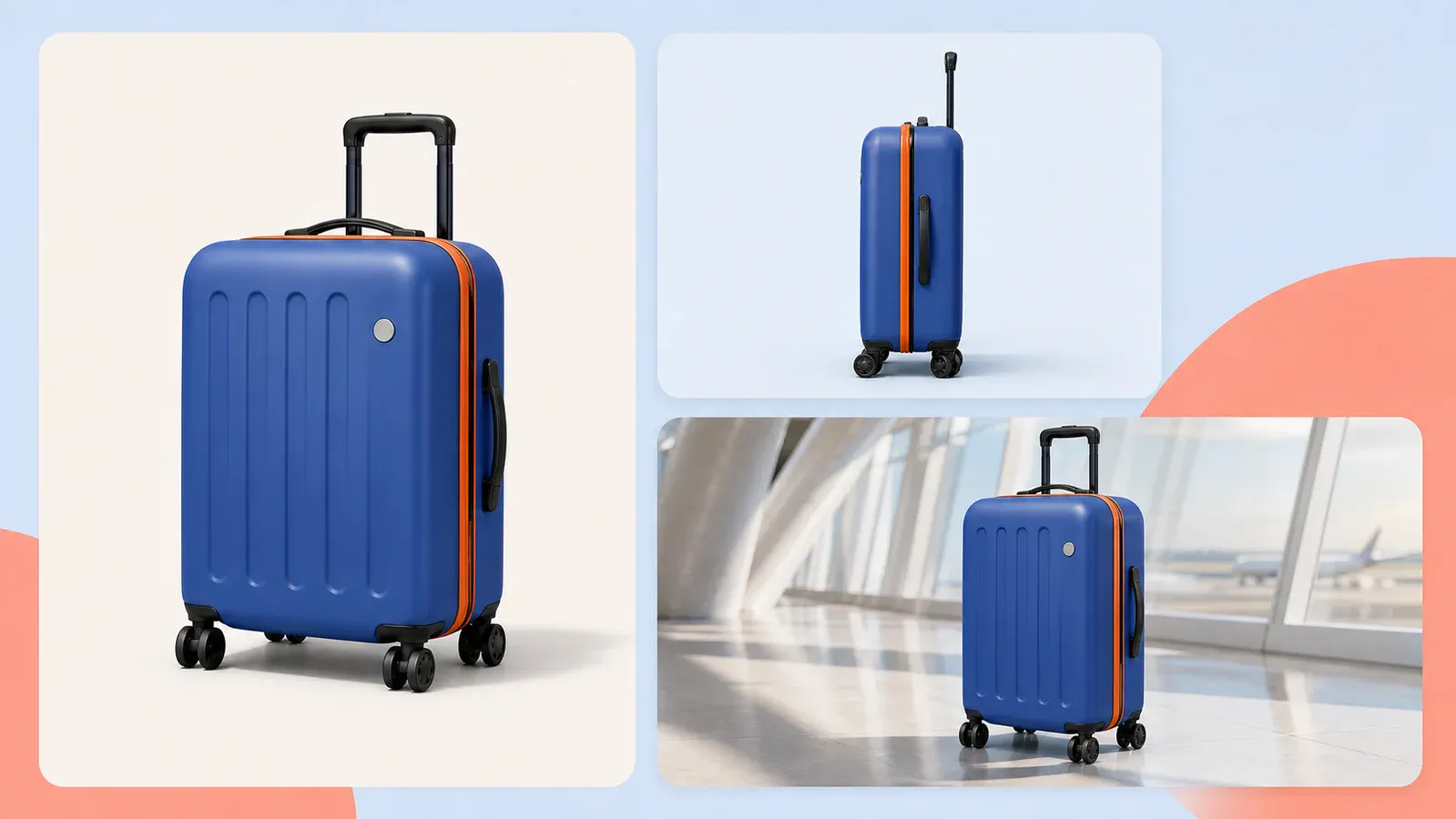 The same cobalt blue suitcase used in product detail, marketplace, and airport marketing images.