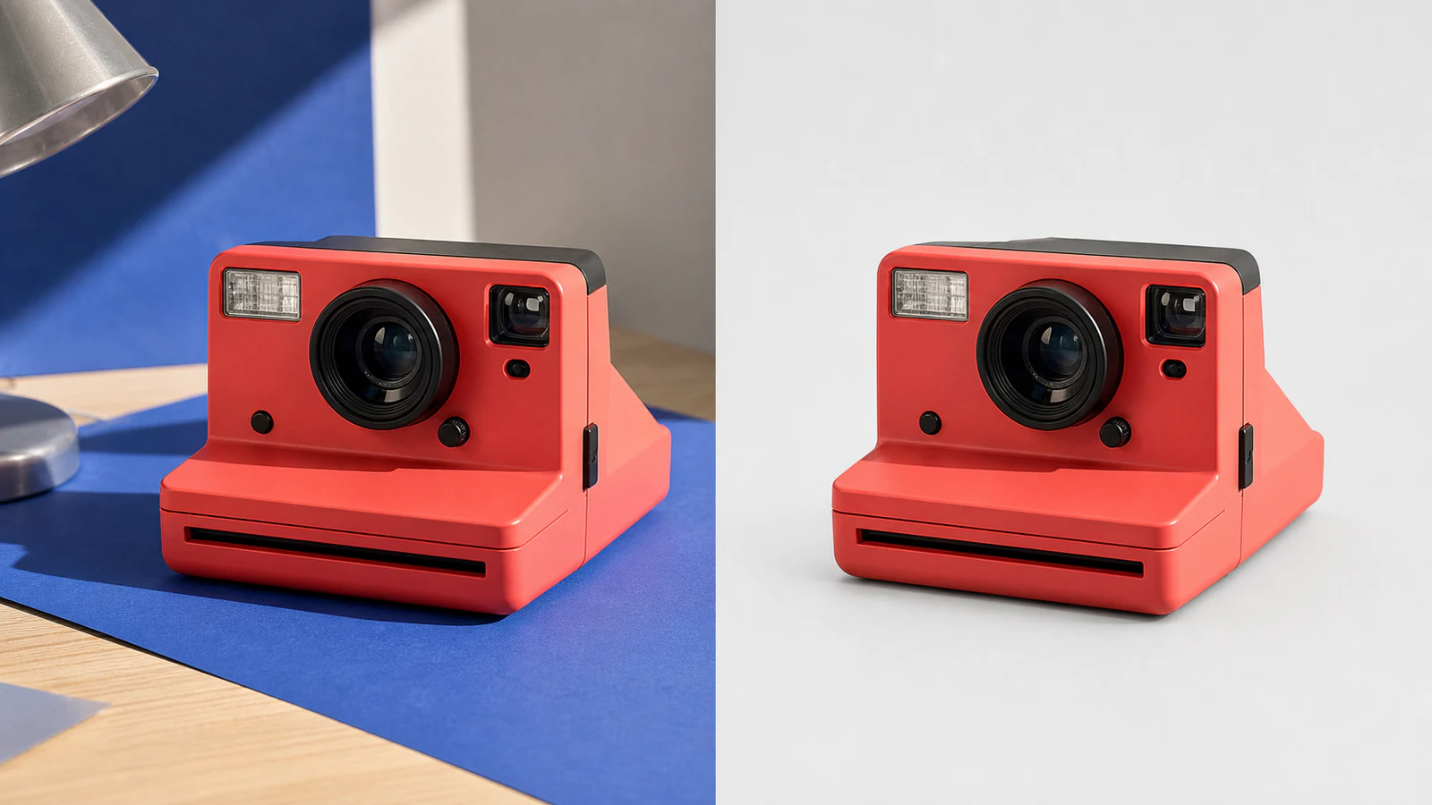 Isolated coral instant camera displayed as a reusable transparent PNG.